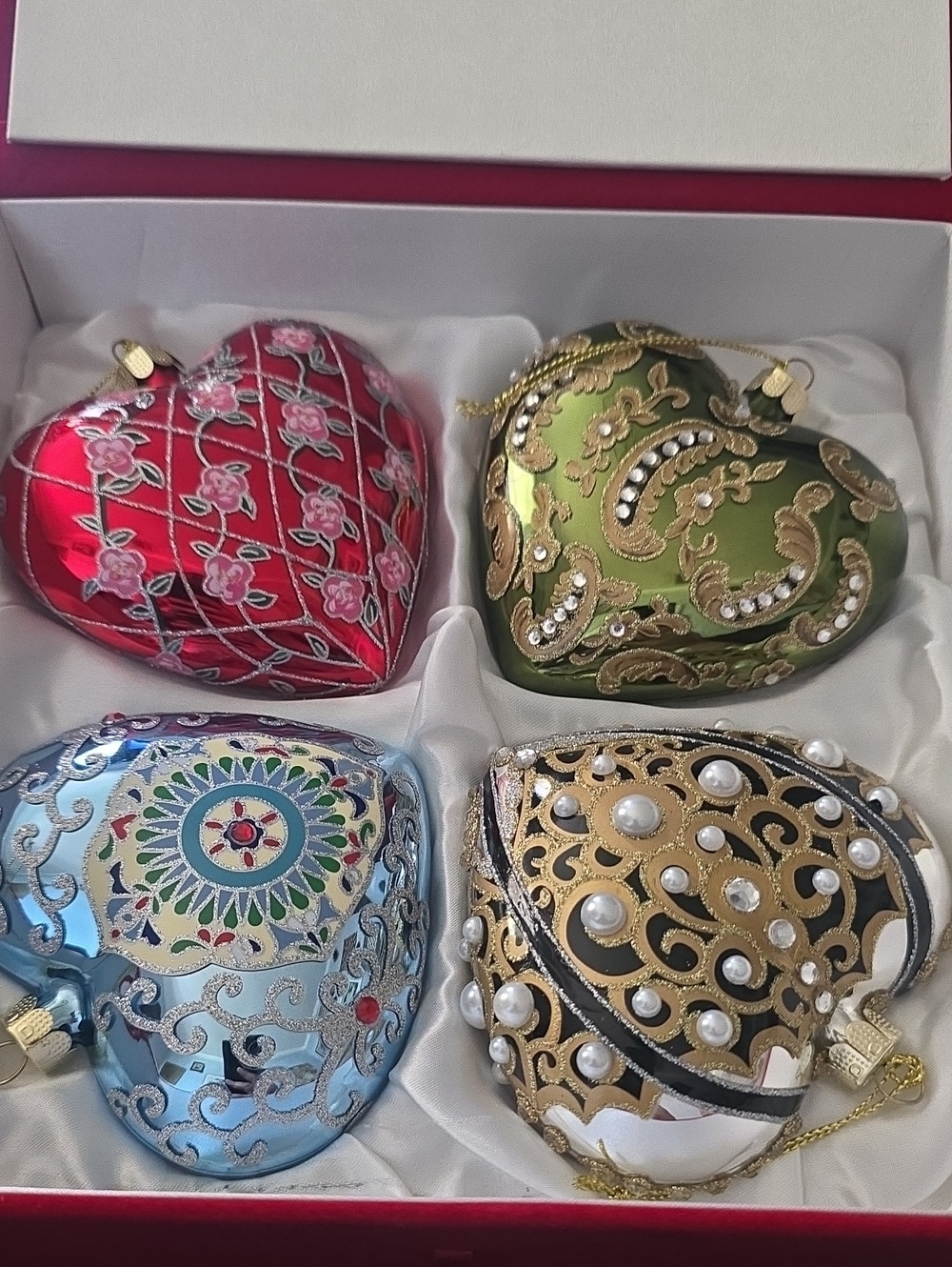 Joan Rivers Red, Green, Blue & Gold Heart Ornament Set